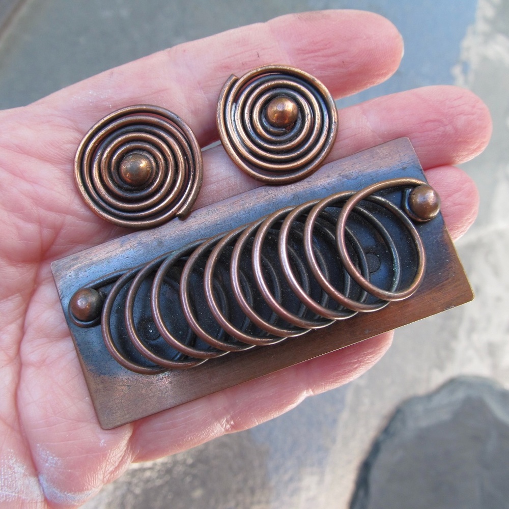 Vintage Pedro Pujol Modernist Brooch and Earrings Set Mid Century